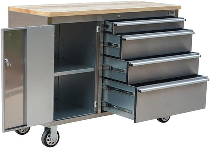 Thor 48″ Stainless Steel Rolling Tool Workbench with Wood Top, 4 - Drawer Mobile Tool Cabinet – HTC4804W1 - with | Sold by Uncle Wiener's Wholesale