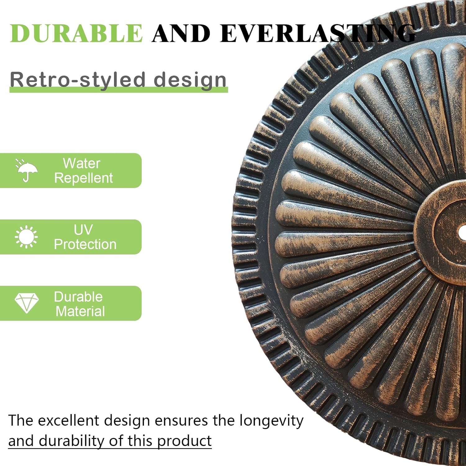T&Jero 26 lb round bronze patio umbrella base – top view
Heavy duty umbrella base with adjustable knob for outdoor tables
T&Jero umbrella base pre-filled with concrete – compatible with 1.5 to 2-inch poles
Elegant sunflower design umbrella stand with rust-resistant metal stem