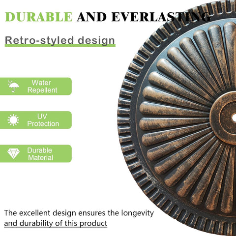 T&Jero 26 lb round bronze patio umbrella base – top view
Heavy duty umbrella base with adjustable knob for outdoor tables
T&Jero umbrella base pre-filled with concrete – compatible with 1.5 to 2-inch poles
Elegant sunflower design umbrella stand with rust-resistant metal stem