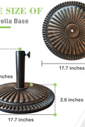 T&Jero 26 lb round bronze patio umbrella base – top view
Heavy duty umbrella base with adjustable knob for outdoor tables
T&Jero umbrella base pre-filled with concrete – compatible with 1.5 to 2-inch poles
Elegant sunflower design umbrella stand with rust-resistant metal stem