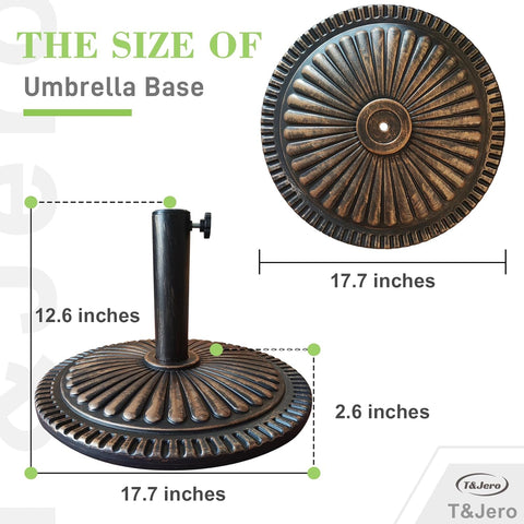 T&Jero 26 lb round bronze patio umbrella base – top view
Heavy duty umbrella base with adjustable knob for outdoor tables
T&Jero umbrella base pre-filled with concrete – compatible with 1.5 to 2-inch poles
Elegant sunflower design umbrella stand with rust-resistant metal stem