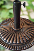 T&Jero 26 lb round bronze patio umbrella base – top view
Heavy duty umbrella base with adjustable knob for outdoor tables
T&Jero umbrella base pre-filled with concrete – compatible with 1.5 to 2-inch poles
Elegant sunflower design umbrella stand with rust-resistant metal stem
