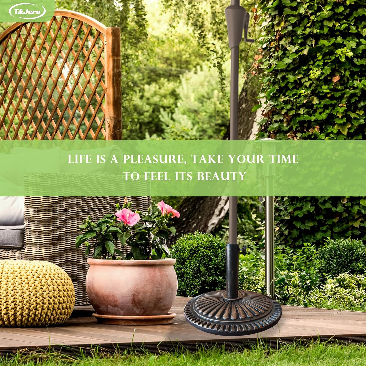 T&Jero 26 lb round bronze patio umbrella base – top view
Heavy duty umbrella base with adjustable knob for outdoor tables
T&Jero umbrella base pre-filled with concrete – compatible with 1.5 to 2-inch poles
Elegant sunflower design umbrella stand with rust-resistant metal stem