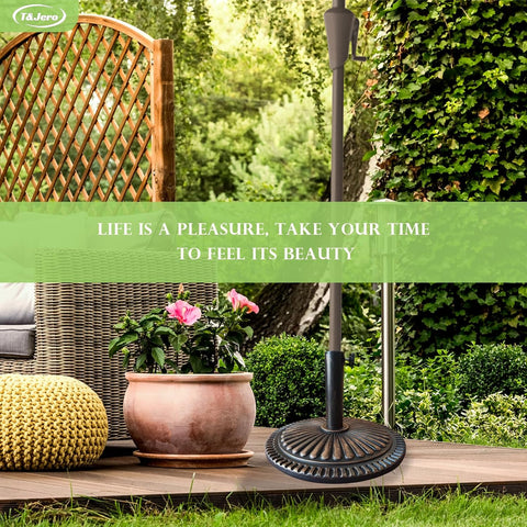 T&Jero 26 lb round bronze patio umbrella base – top view
Heavy duty umbrella base with adjustable knob for outdoor tables
T&Jero umbrella base pre-filled with concrete – compatible with 1.5 to 2-inch poles
Elegant sunflower design umbrella stand with rust-resistant metal stem