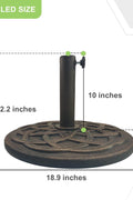 T&Jero 29 lb round bronze umbrella base with steel stem – top view
Umbrella base on patio – HDPE with sunflower pattern design
Pre-filled umbrella base with adjustable tightening knob – fits 1.5 to 2 inch poles
Bronze cast iron style HDPE base – outdoor market table umbrella stand
