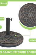 T&Jero 29 lb round bronze umbrella base with steel stem – top view
Umbrella base on patio – HDPE with sunflower pattern design
Pre-filled umbrella base with adjustable tightening knob – fits 1.5 to 2 inch poles
Bronze cast iron style HDPE base – outdoor market table umbrella stand