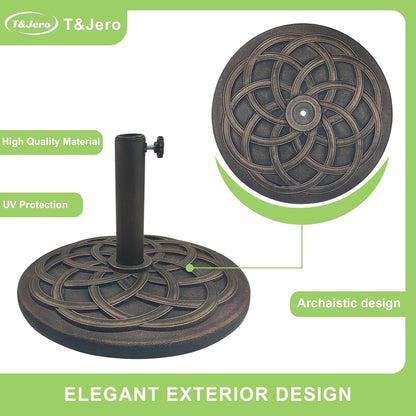 T&Jero 29 lb round bronze umbrella base with steel stem – top view
Umbrella base on patio – HDPE with sunflower pattern design
Pre-filled umbrella base with adjustable tightening knob – fits 1.5 to 2 inch poles
Bronze cast iron style HDPE base – outdoor market table umbrella stand