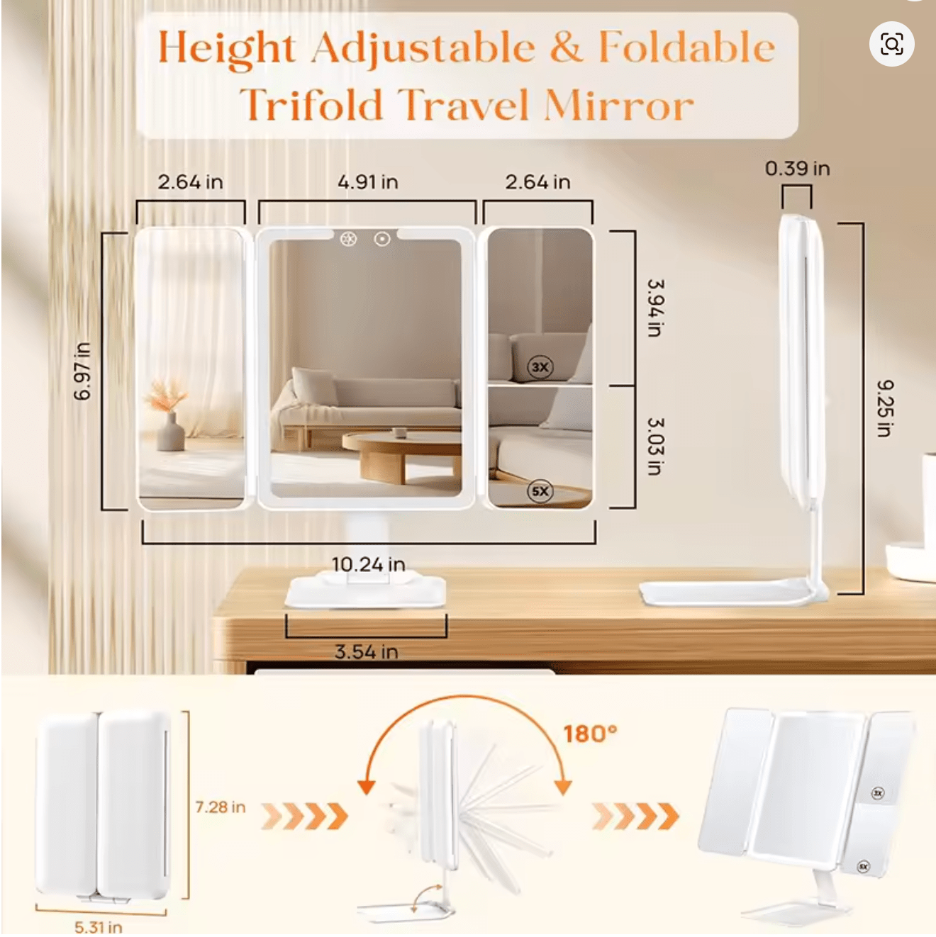 Trifold Makeup Vanity Mirror with Lights – 2X/3X/10X Magnification – JXVM94 - with | Sold by Uncle Wiener's Wholesale