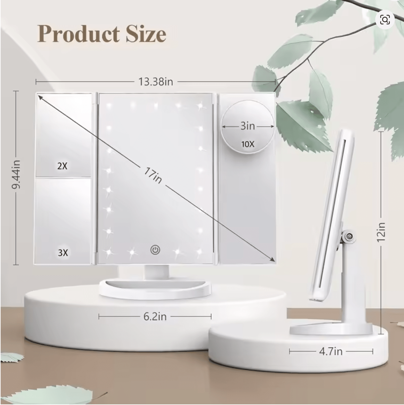 Trifold Makeup Vanity Mirror with Lights – 2X/3X/10X Magnification – JXVM94 - with | Sold by Uncle Wiener's Wholesale