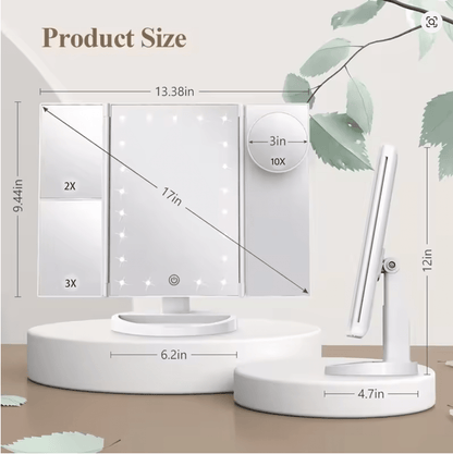 Trifold Makeup Vanity Mirror with Lights – 2X/3X/10X Magnification – JXVM94 - with | Sold by Uncle Wiener's Wholesale