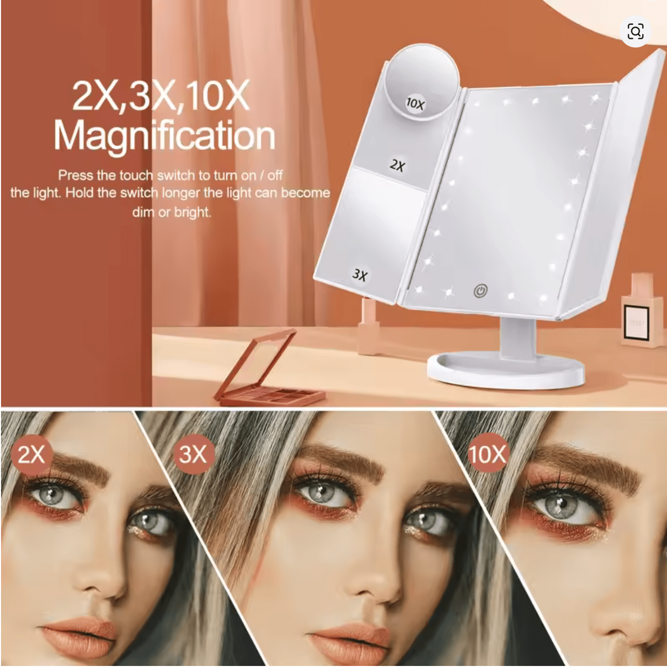 Trifold Makeup Vanity Mirror with Lights – 2X/3X/10X Magnification – JXVM94 - with | Sold by Uncle Wiener's Wholesale