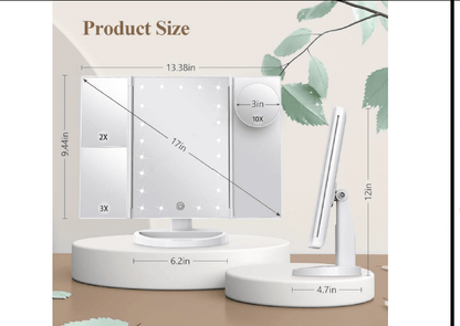 Trifold Makeup Vanity Mirror with Lights – 2X/3X/10X Magnification – JXVM94 - with | Sold by Uncle Wiener's Wholesale