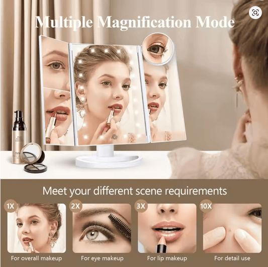 Trifold Makeup Vanity Mirror with Lights – 2X/3X/10X Magnification – JXVM94 - with | Sold by Uncle Wiener's Wholesale