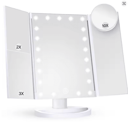 Trifold Makeup Vanity Mirror with Lights – 2X/3X/10X Magnification – JXVM94 - with | Sold by Uncle Wiener's Wholesale