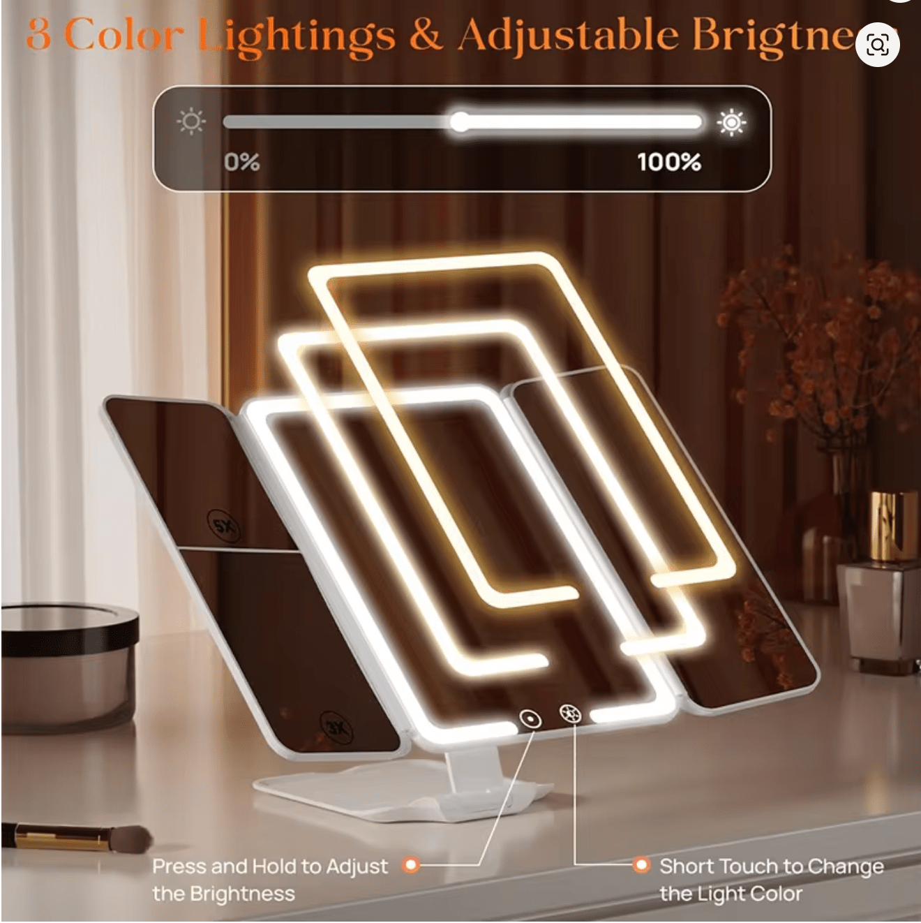 Trifold Makeup Vanity Mirror with Lights – 2X/3X/10X Magnification – JXVM94 - with | Sold by Uncle Wiener's Wholesale