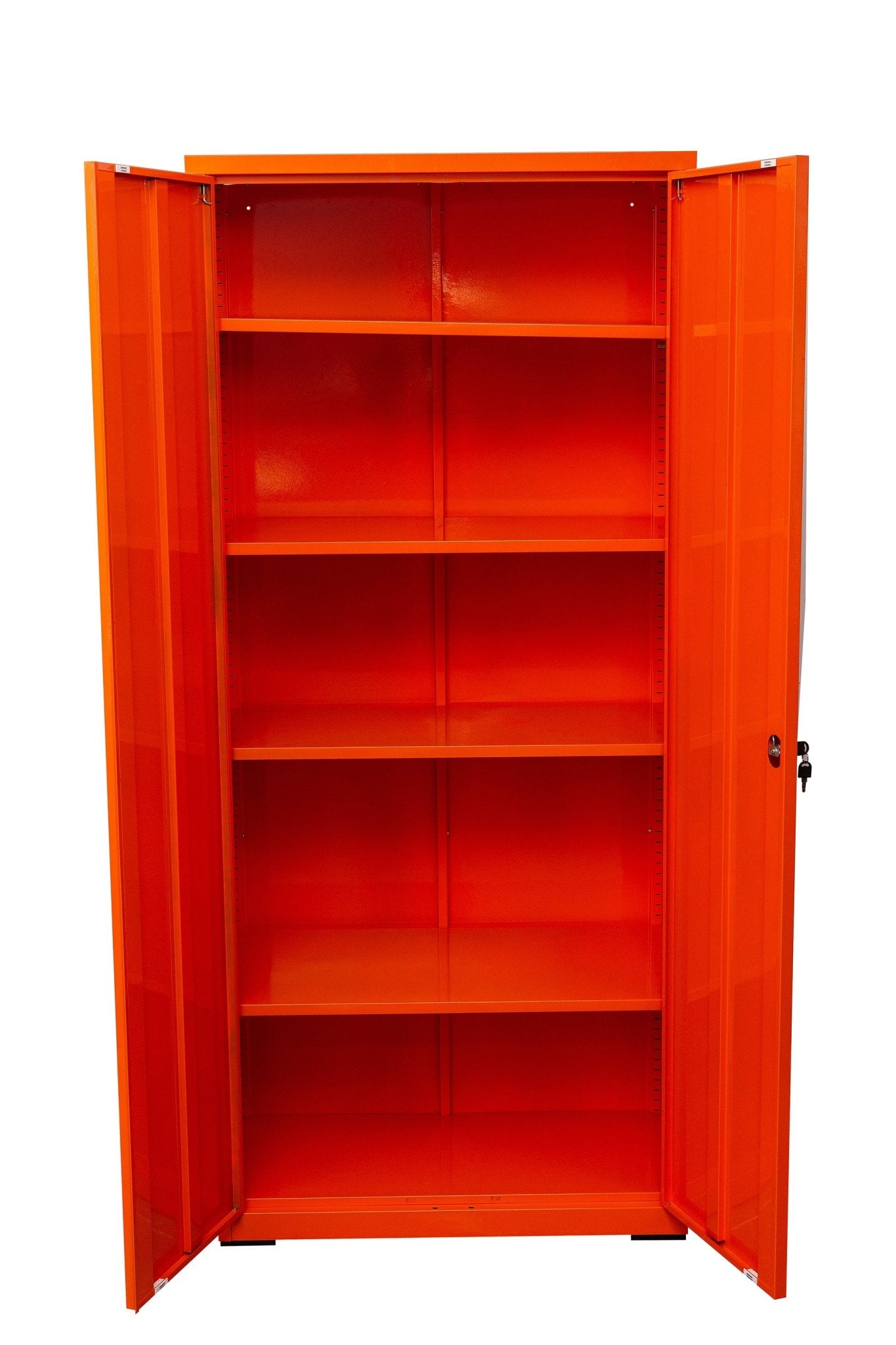 Two Door Metal Storage Cabinet – Lockable with Adjustable Shelves - with Orange | Sold by Uncle Wiener's Wholesale