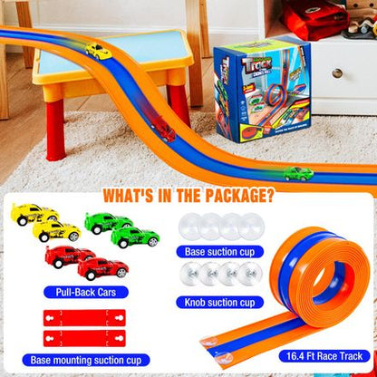 Tyholoo 3-Lane Flexible Race Track Set with Pull-Back Cars & Strong Suction Cups – 16 ft Racing Toy for Kids - Toys with | Sold by Uncle Wiener's Wholesale
