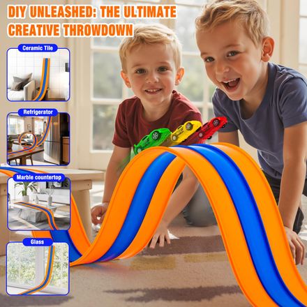 Tyholoo 3-Lane Flexible Race Track Set with Pull-Back Cars & Strong Suction Cups – 16 ft Racing Toy for Kids - Toys with | Sold by Uncle Wiener's Wholesale