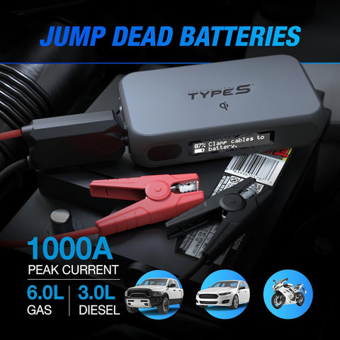 Type S Dynamic D10+ 1000A Car Jump Starter – UL Certified 12V Battery Booster for 6L Gas & 3L Diesel Portable Power Bank Qi Charging, Flashlight, Easy to Use, Must - Have for New Drivers & Families - with | Sold by Uncle Wiener's Wholesale