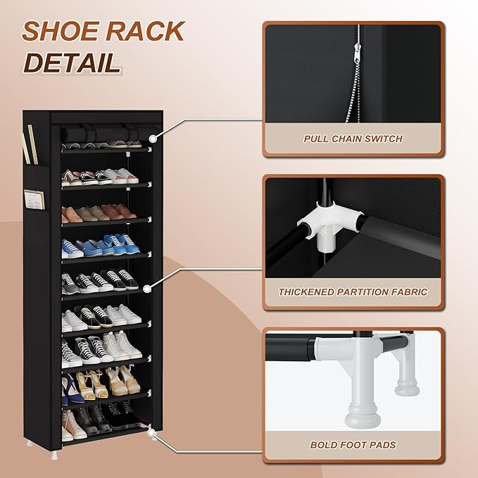 UDEAR 9 Tier Shoe Rack with Dustproof Cover 27 Pair Shoe Organizer Black - with | Sold by Uncle Wiener's Wholesale