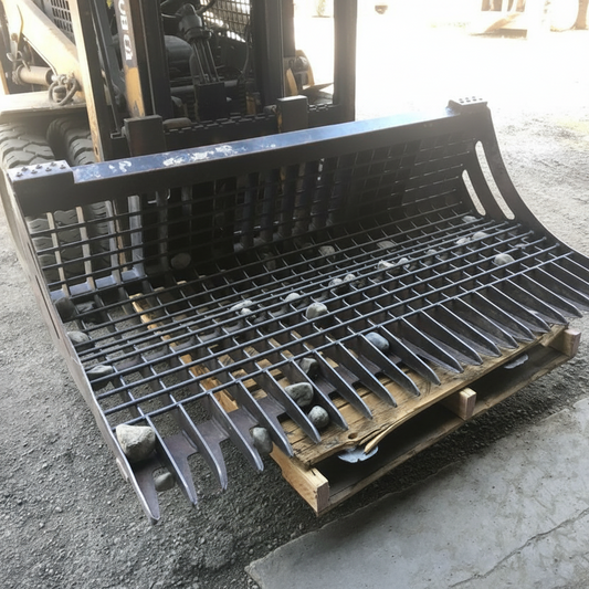 96" skid steer rock bucket with ½" spacing

Heavy-duty skeleton rock bucket on gravel

Close-up of angled bar structure

72" deluxe rock grapple for small rocks and debris

Skid steer lifting rock bucket attachment

