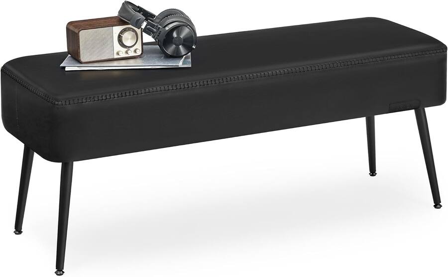 Upholstered Bench for Entryway and Bedroom, Mid Century Modern Ottoman Bench with Synthetic Leather Seat and Steel Legs Ink Black LOM076B01 - with | Sold by Uncle Wiener's Wholesale