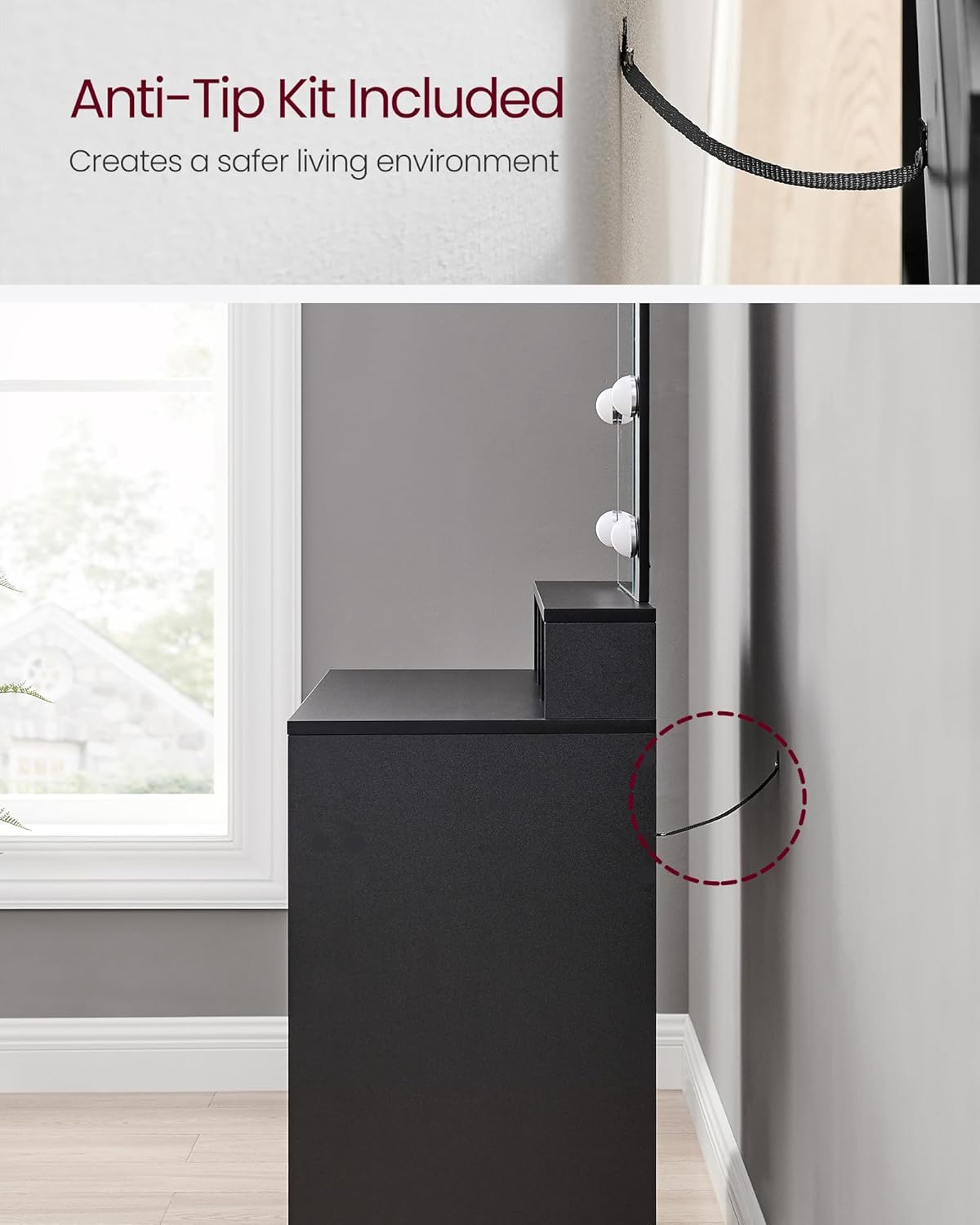 Vanity Desk with Lighted Mirror, 9 Dimmable LED Bulbs, 2 Drawers, 3 Storage Compartments and Makeup Organizer for Bedroom Black RDT114B02 - with | Sold by Uncle Wiener's Wholesale