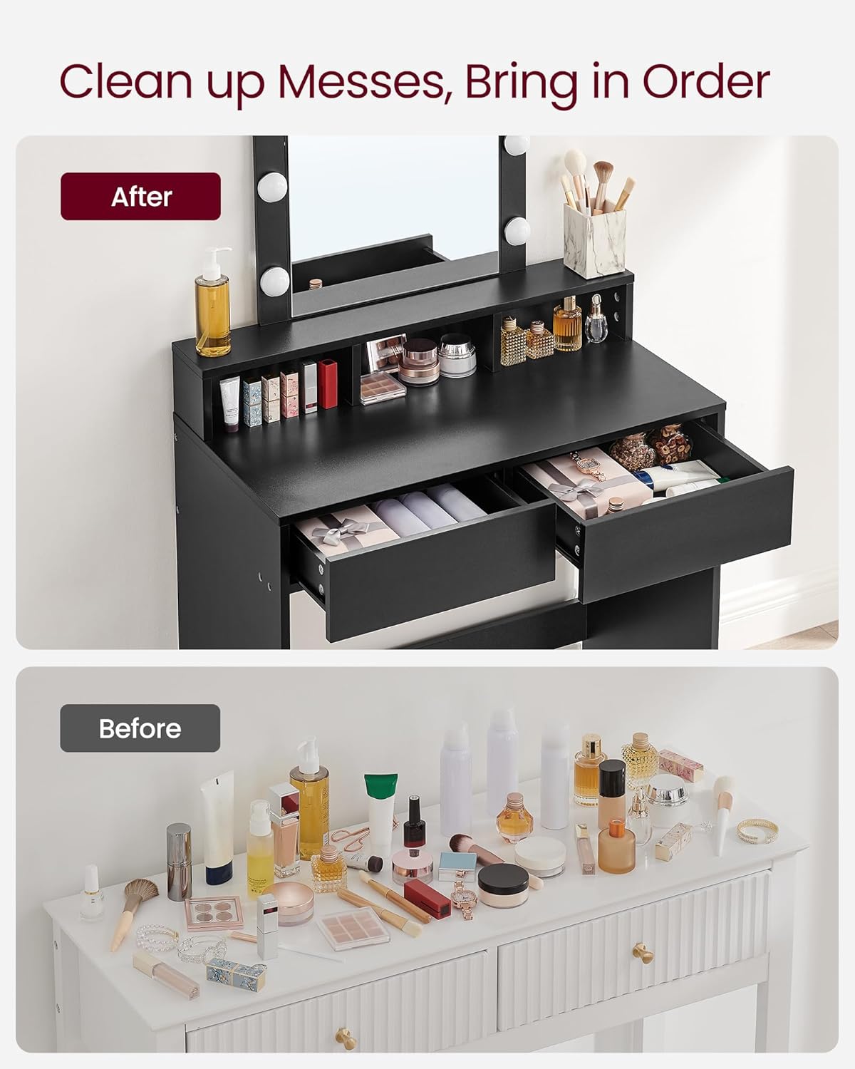 Vanity Desk with Lighted Mirror, 9 Dimmable LED Bulbs, 2 Drawers, 3 Storage Compartments and Makeup Organizer for Bedroom Black RDT114B02 - with | Sold by Uncle Wiener's Wholesale