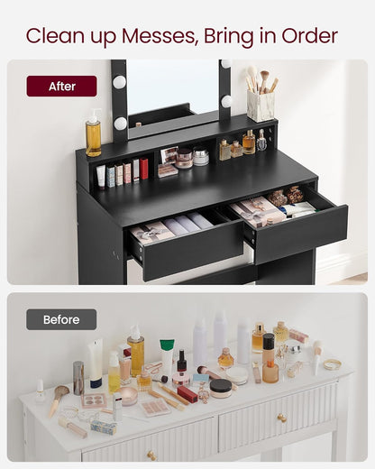 Vanity Desk with Lighted Mirror, 9 Dimmable LED Bulbs, 2 Drawers, 3 Storage Compartments and Makeup Organizer for Bedroom Black RDT114B02 - with | Sold by Uncle Wiener's Wholesale