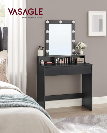 Vanity Desk with Lighted Mirror, 9 Dimmable LED Bulbs, 2 Drawers, 3 Storage Compartments and Makeup Organizer for Bedroom Black RDT114B02 - with | Sold by Uncle Wiener's Wholesale