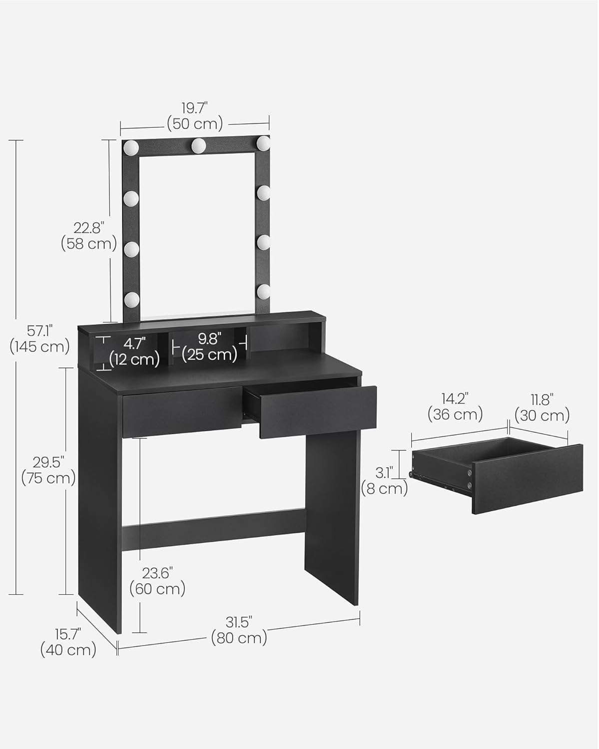 Vanity Desk with Lighted Mirror, 9 Dimmable LED Bulbs, 2 Drawers, 3 Storage Compartments and Makeup Organizer for Bedroom Black RDT114B02 - with | Sold by Uncle Wiener's Wholesale