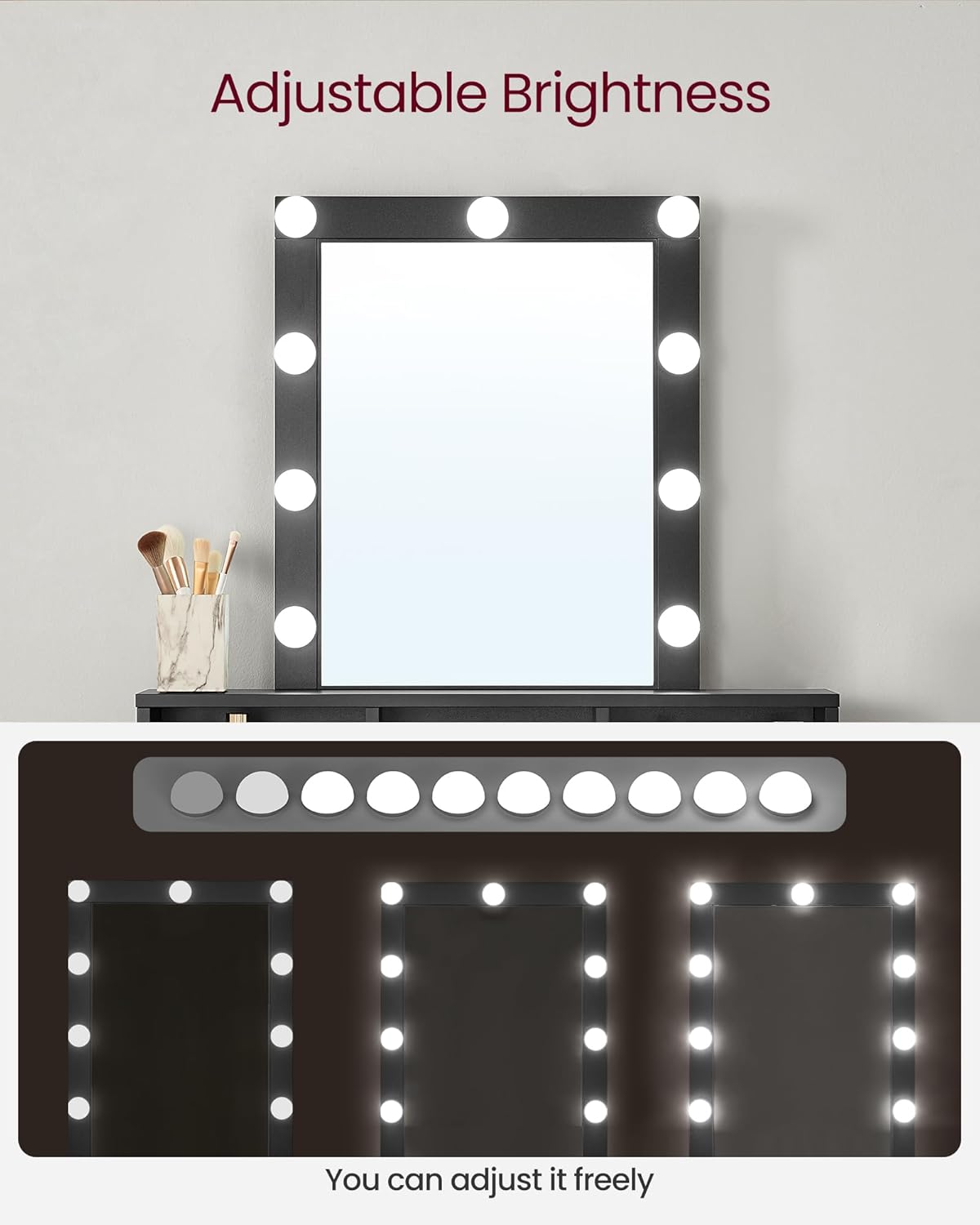 Vanity Desk with Lighted Mirror, 9 Dimmable LED Bulbs, 2 Drawers, 3 Storage Compartments and Makeup Organizer for Bedroom Black RDT114B02 - with | Sold by Uncle Wiener's Wholesale