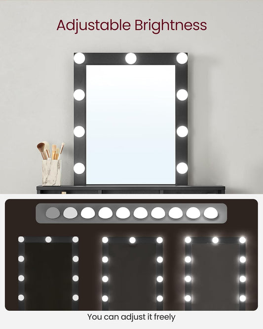 Vanity Desk with Lighted Mirror, 9 Dimmable LED Bulbs, 2 Drawers, 3 Storage Compartments and Makeup Organizer for Bedroom Black RDT114B02 - with | Sold by Uncle Wiener's Wholesale