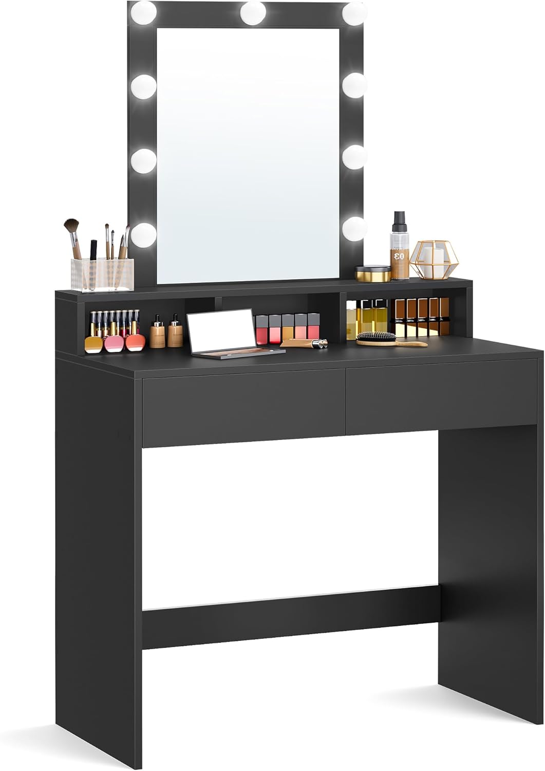 Vanity Desk with Lighted Mirror, 9 Dimmable LED Bulbs, 2 Drawers, 3 Storage Compartments and Makeup Organizer for Bedroom Black RDT114B02 - with | Sold by Uncle Wiener's Wholesale