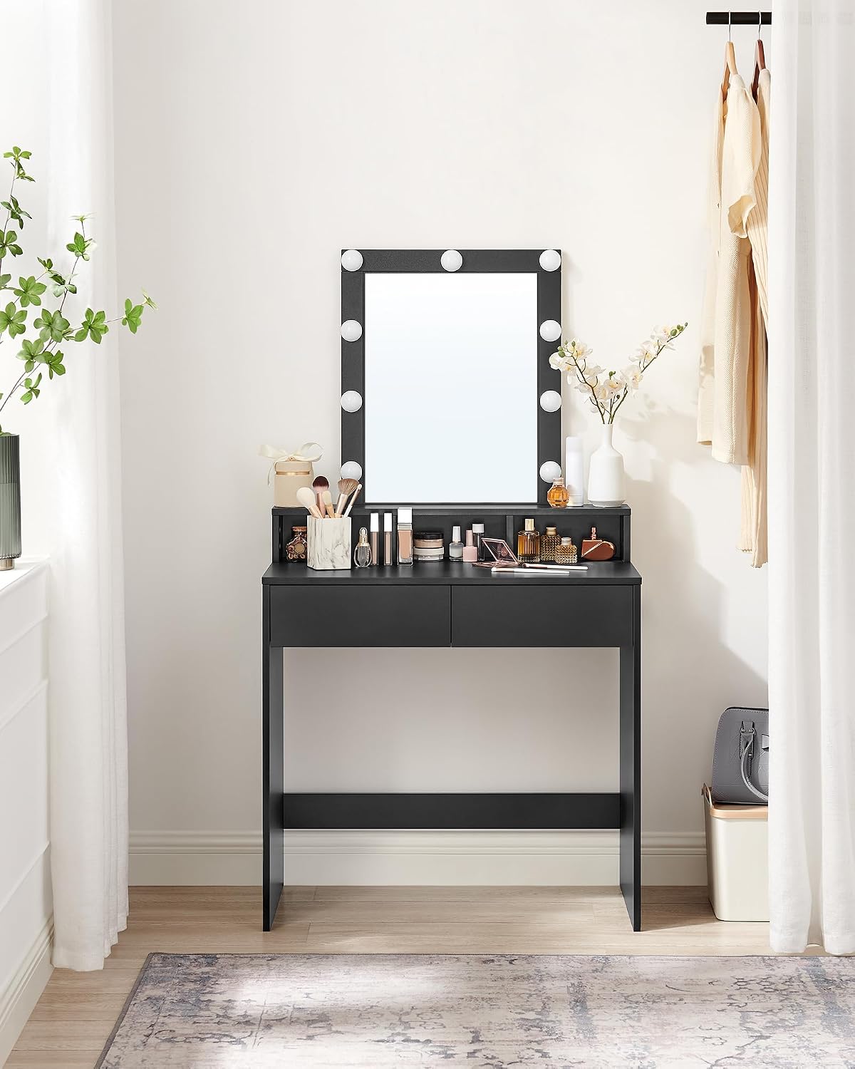 Vanity Desk with Lighted Mirror, 9 Dimmable LED Bulbs, 2 Drawers, 3 Storage Compartments and Makeup Organizer for Bedroom Black RDT114B02 - with | Sold by Uncle Wiener's Wholesale