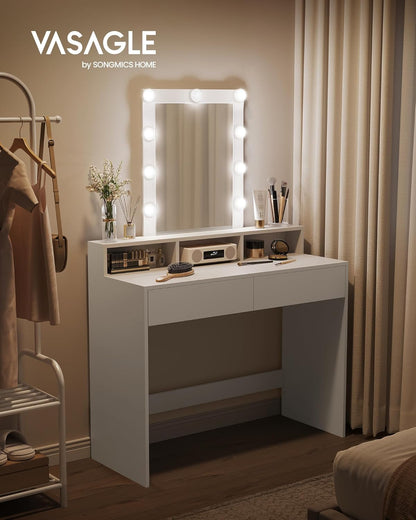 Vanity Desk with Lighted Mirror, 9 Dimmable LED Bulbs, 2 Drawers, 3 Storage Compartments and Makeup Table White RDT164W02 - with | Sold by Uncle Wiener's Wholesale
