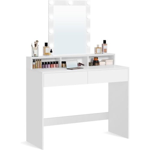 Vanity Desk with Lighted Mirror, 9 Dimmable LED Bulbs, 2 Drawers, 3 Storage Compartments and Makeup Table White RDT164W02 - with | Sold by Uncle Wiener's Wholesale