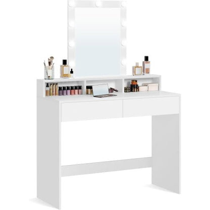 Vanity Desk with Lighted Mirror, 9 Dimmable LED Bulbs, 2 Drawers, 3 Storage Compartments and Makeup Table White RDT164W02 - with | Sold by Uncle Wiener's Wholesale