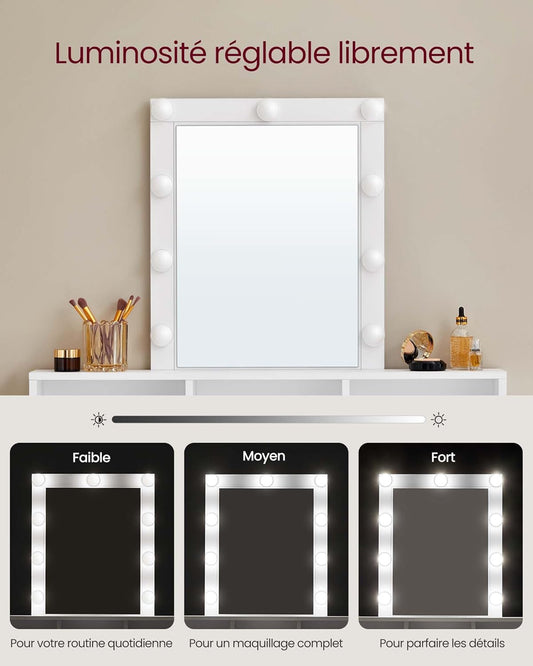 Vanity Desk with Lighted Mirror, 9 Dimmable LED Bulbs, 2 Drawers, 3 Storage Compartments and Makeup Table White RDT164W02 - with | Sold by Uncle Wiener's Wholesale