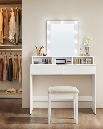 Vanity Desk with Lighted Mirror, 9 Dimmable LED Bulbs, 2 Drawers, 3 Storage Compartments and Makeup Table White RDT164W02 - with | Sold by Uncle Wiener's Wholesale