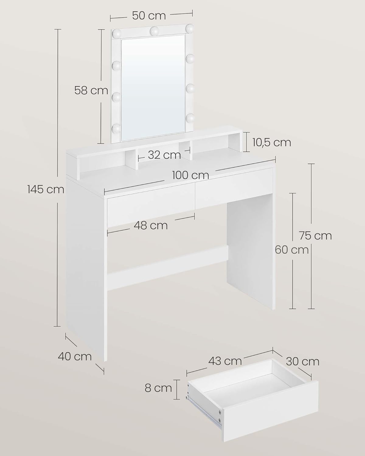 Vanity Desk with Lighted Mirror, 9 Dimmable LED Bulbs, 2 Drawers, 3 Storage Compartments and Makeup Table White RDT164W02 - with | Sold by Uncle Wiener's Wholesale