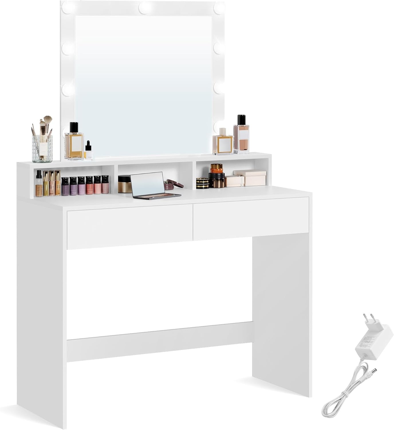 Vanity Desk with Lighted Mirror, 9 Dimmable LED Bulbs, 2 Drawers, 3 Storage Compartments and Makeup Table White RDT164W02 - with | Sold by Uncle Wiener's Wholesale