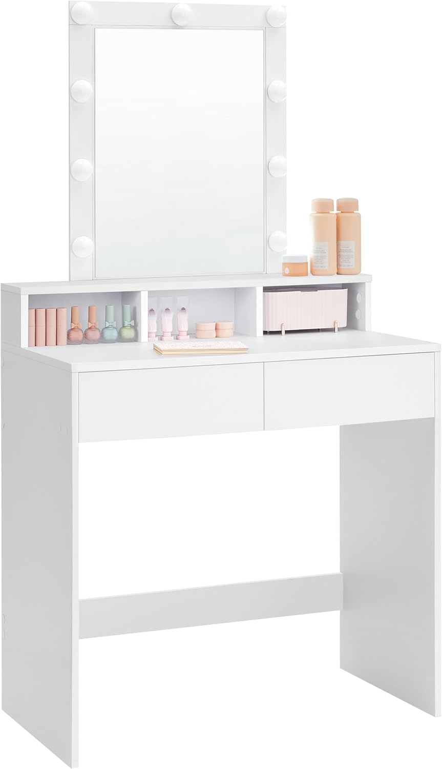 Vanity Desk with Lighted Mirror, 9 Dimmable LED Bulbs, 2 Drawers, 3 Storage Compartments and Makeup Table White RDT184T14 - with | Sold by Uncle Wiener's Wholesale