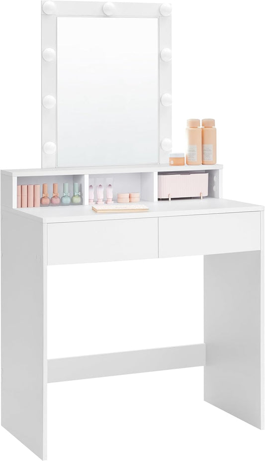 Vanity Desk with Lighted Mirror, 9 Dimmable LED Bulbs, 2 Drawers, 3 Storage Compartments and Makeup Table White RDT184T14 - with | Sold by Uncle Wiener's Wholesale
