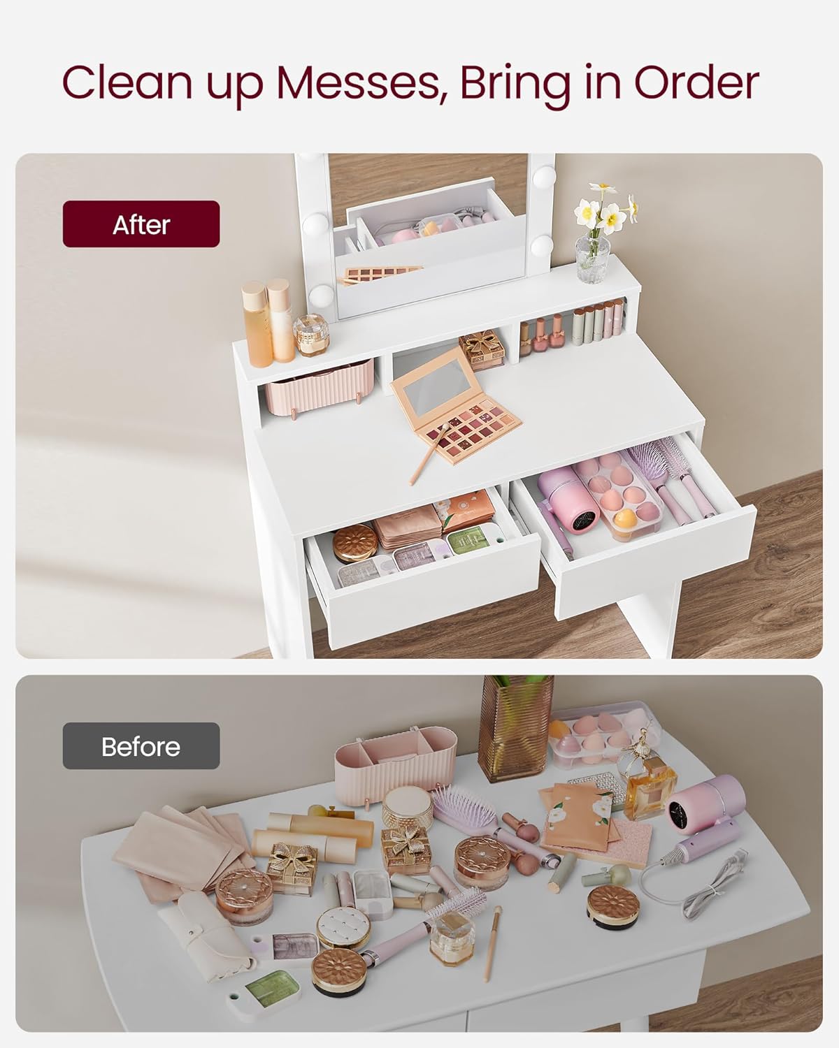 Vanity Desk with Lighted Mirror, 9 Dimmable LED Bulbs, 2 Drawers, 3 Storage Compartments and Makeup Table White RDT184T14 - with | Sold by Uncle Wiener's Wholesale
