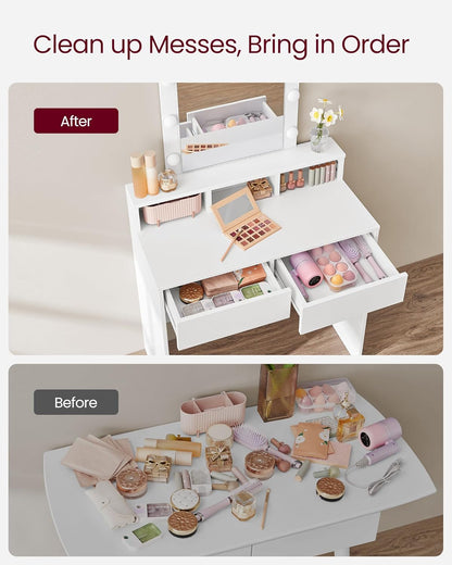 Vanity Desk with Lighted Mirror, 9 Dimmable LED Bulbs, 2 Drawers, 3 Storage Compartments and Makeup Table White RDT184T14 - with | Sold by Uncle Wiener's Wholesale