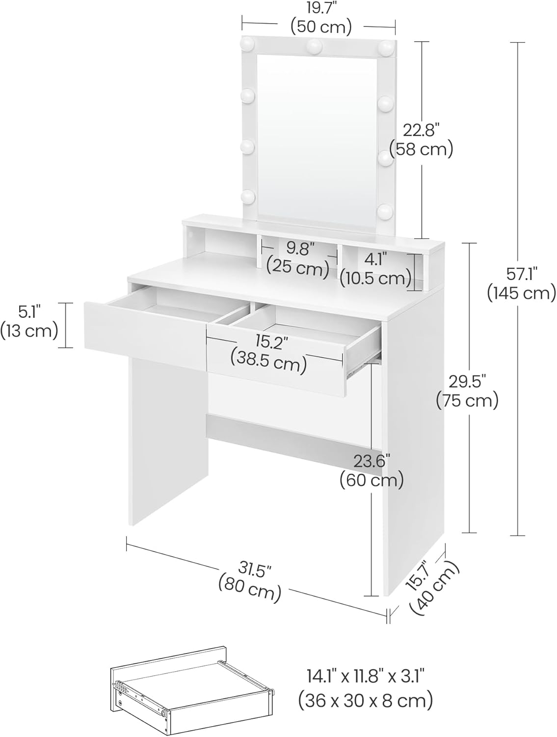 Vanity Desk with Lighted Mirror, 9 Dimmable LED Bulbs, 2 Drawers, 3 Storage Compartments and Makeup Table White RDT184T14 - with | Sold by Uncle Wiener's Wholesale