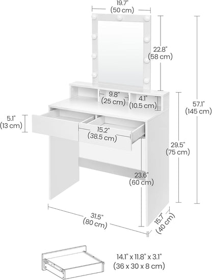 Vanity Desk with Lighted Mirror, 9 Dimmable LED Bulbs, 2 Drawers, 3 Storage Compartments and Makeup Table White RDT184T14 - with | Sold by Uncle Wiener's Wholesale