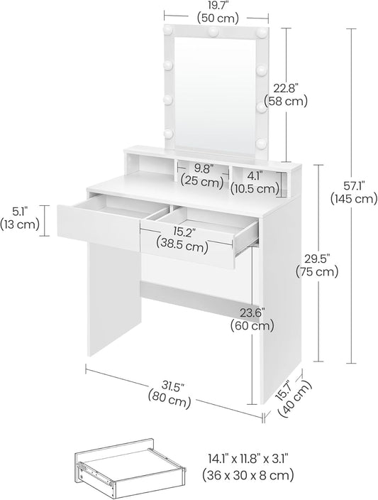 Vanity Desk with Lighted Mirror, 9 Dimmable LED Bulbs, 2 Drawers, 3 Storage Compartments and Makeup Table White RDT184T14 - with | Sold by Uncle Wiener's Wholesale