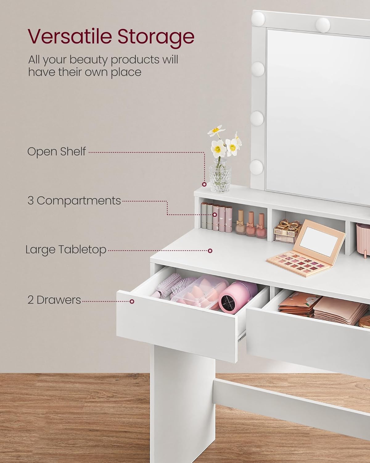 Vanity Desk with Lighted Mirror, 9 Dimmable LED Bulbs, 2 Drawers, 3 Storage Compartments and Makeup Table White RDT184T14 - with | Sold by Uncle Wiener's Wholesale